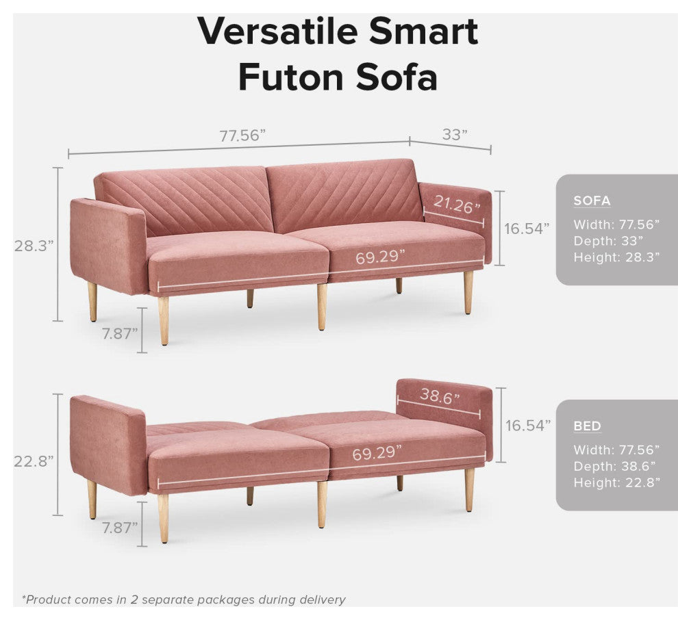 Mopio Chloe Futon Sofa Bed, Convertible Sleeper Sofa Light Gray, Old Rosa