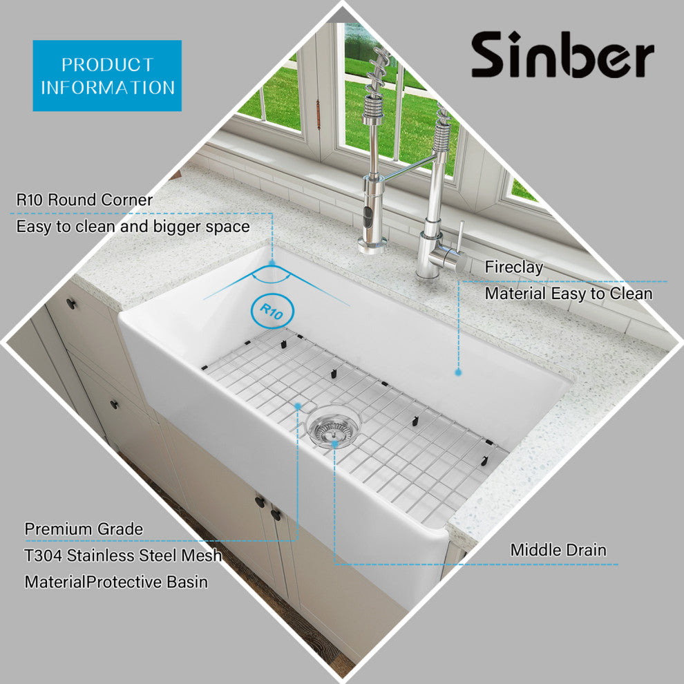 Sinber Farmhouse Apron Single Bowl Kitchen Sink with Fireclay 2 Accessories, White, 33" X 18"