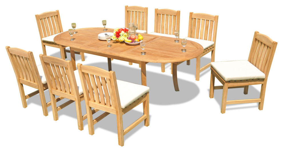 11-Piece Outdoor Teak Dining Set 94" Extn Oval Table, 10 Devon Armless Chairs