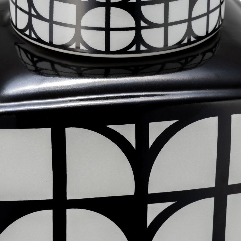 Ceramic 16"H Square Jar, Lid, Black/White
