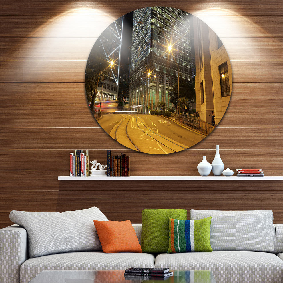Busy Traffic And City At Night, Cityscape Round Metal Wall Art, 36"