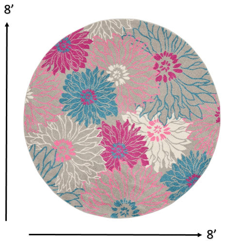8 Round Gray and Pink Tropical Flower Area Rug