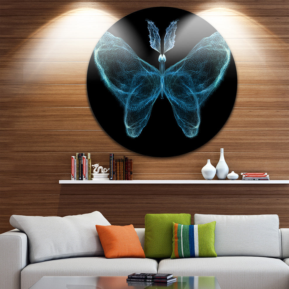 Turquoise Fractal Butterfly In Dark, Abstract Art Round Wall Art, 38"