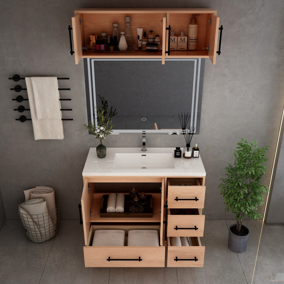 Victoria 42" Solid Wood Bath Vanity, Overhead Cabinet, Red Oak