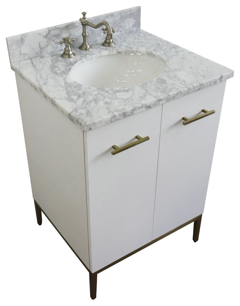 25" Single Sink Vanity, White Finish With White Carrara Marble And Oval Sink