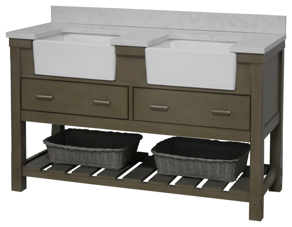 Charlotte 60" Bathroom Vanity, Weathered Gray, Engineered Carrara, Double