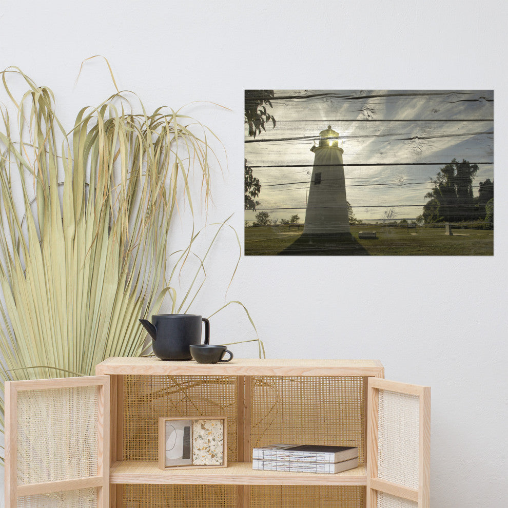 Faux Rustic Reclaimed Wood Turkey Point Lighthouse Unframed Wall Art Prints, 24" X 36"
