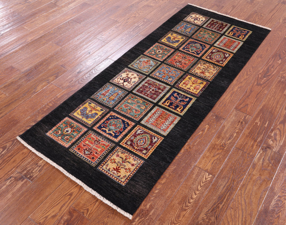 2' 8" X 6' 7" Handmade Black Persian Garden Design Wool Runner Rug Q10685