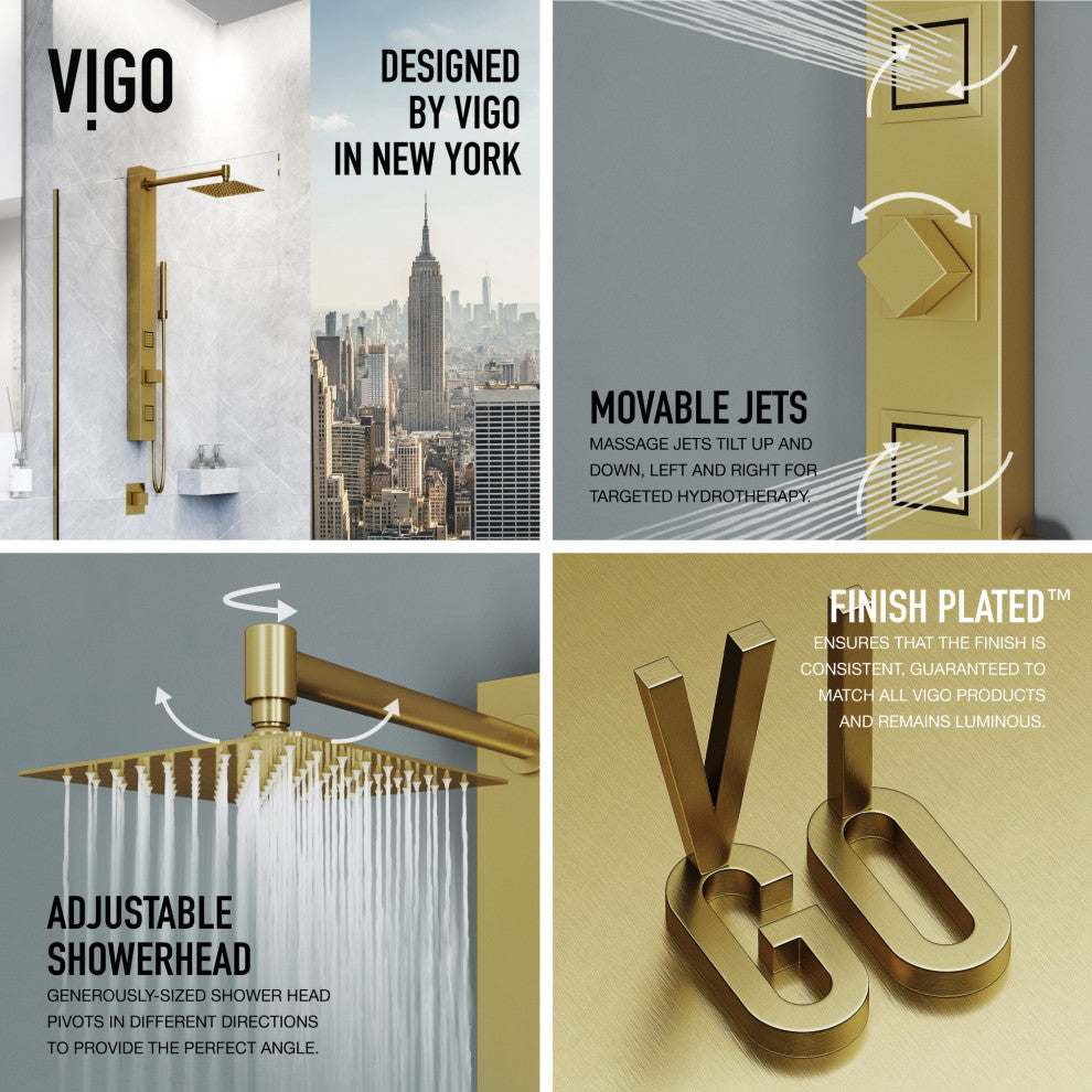 Orchid 39" H x 4" W 2-Jet Retro Shower Panel with Square Shower Head, Matte Brushed Gold