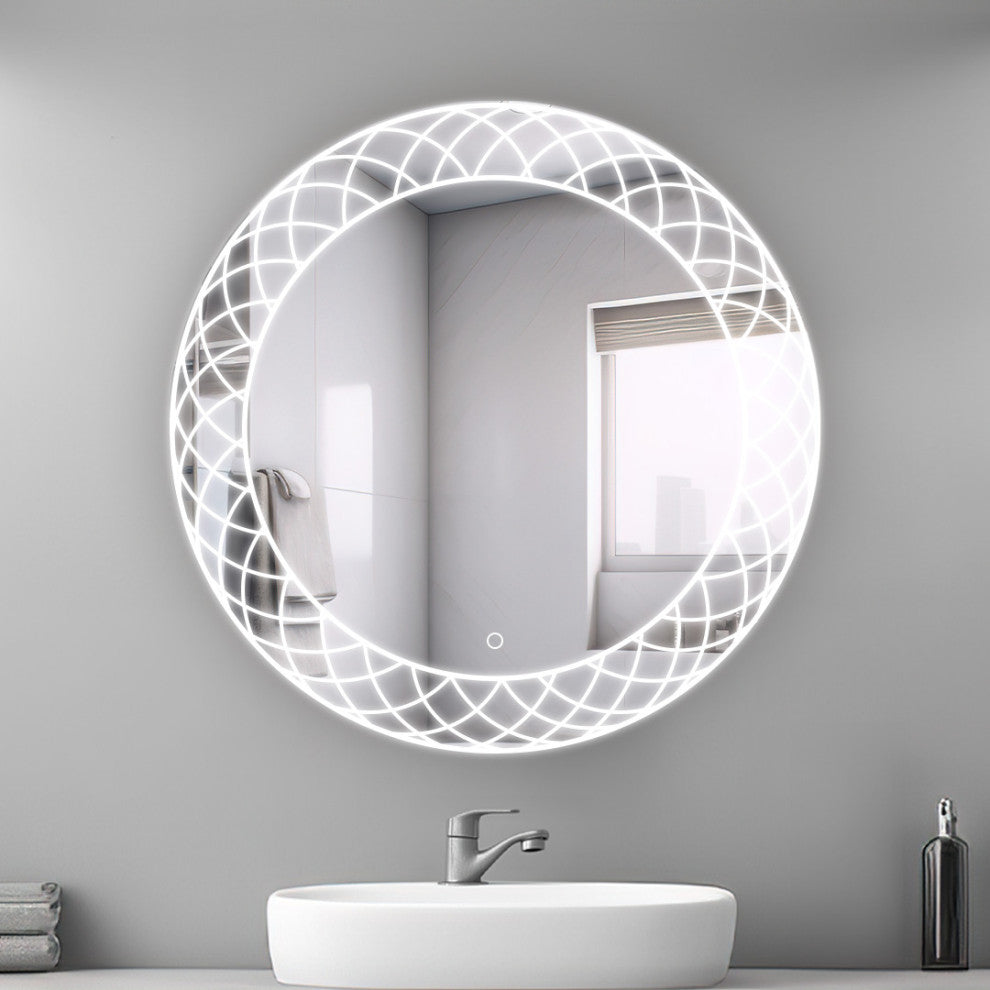 24" Frost, LED Lighted Round Mirror With Dimmer, Defogger, Touch Control.