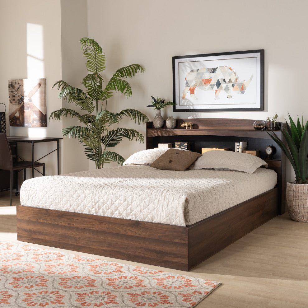 Rosslan Walnut Finish Mid Century Platform Bed With Storage Headboard, Queen