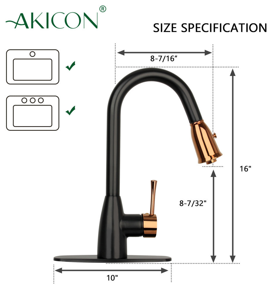 Pull Down Kitchen Faucet With Deck Plate, Two-Tone Matte Black and Rose Gold