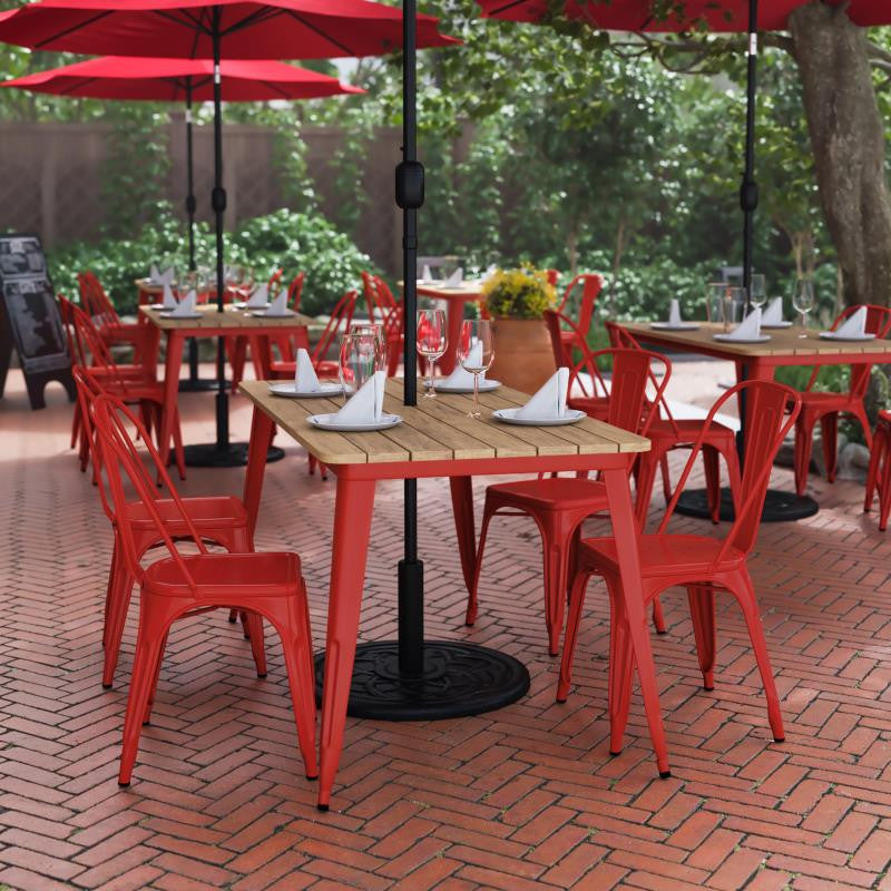 Declan Commercial Indoor/Outdoor Dining Table with Umbrella Hole, 30" x 60", Brown/Red