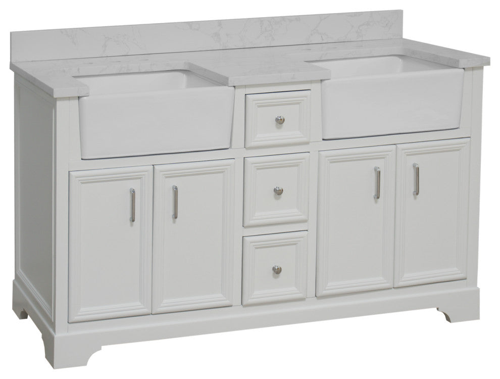 Zelda 60" Bathroom Vanity, White, Engineered Carrara, Double