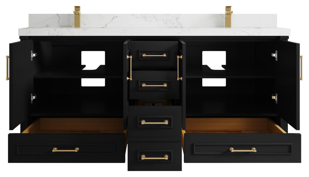 Aberdeen 72 Double Sink Bath Vanity in Black 2" Calacatta Nuvo