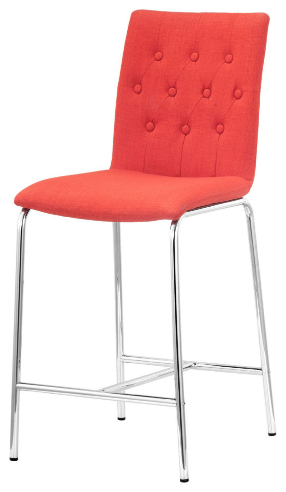 Counter Stool Chair, Set of 2, Steel Metal, Fabric, Orange, Chrome, Cafe Bistro