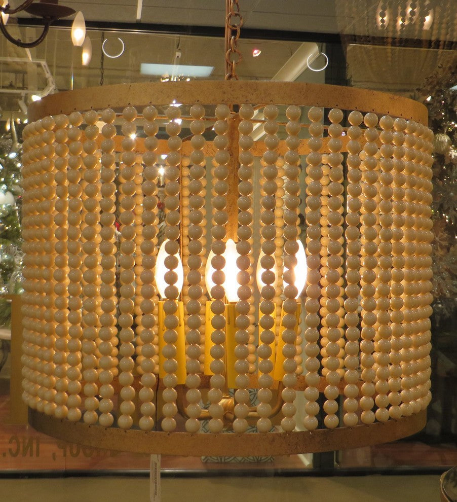 20" Iron Cream Beaded Drum Pendant Chandelier, Romantic Pearl 6-Light Antique