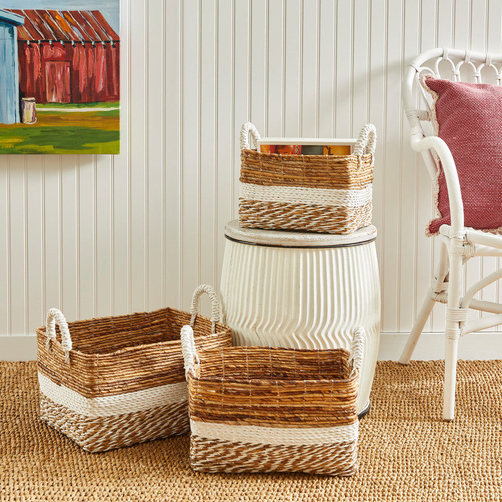 Set 3 Coastal Casual Natural Raffia Wide White Stripe Tote Baskets Handle Large