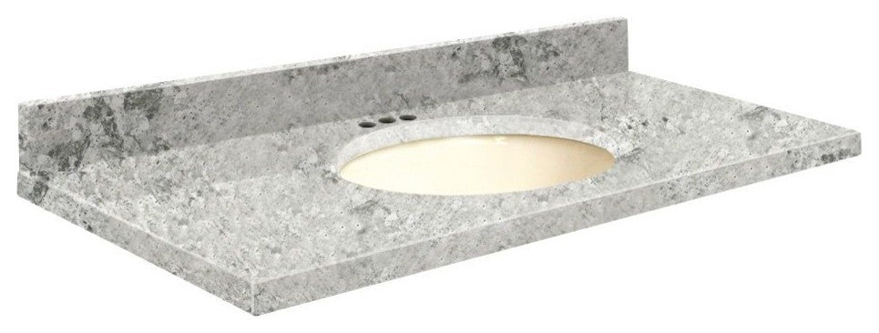 Quartz 25"x19" Vanity Top, Biscuit Bowl, Winter Wonder, 4" Centerset