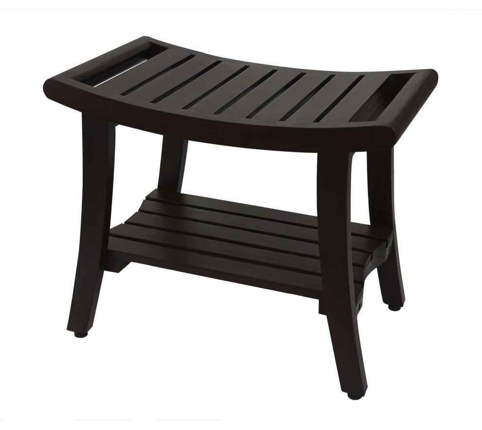HomeRoots Contemporary Teak Shower Bench With Shelf and Handles, Brown Finish