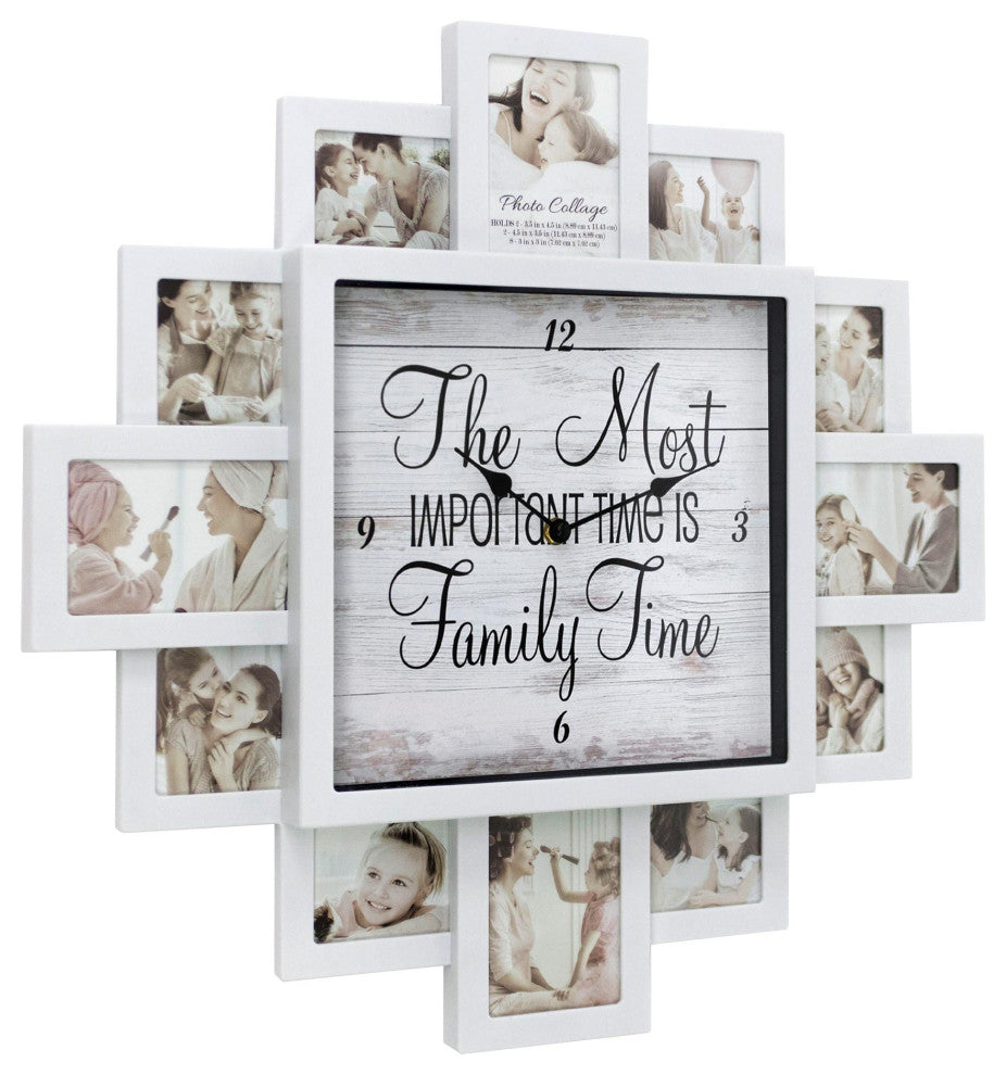 White Farmhouse Shabby-Chic "Family Time" Picture Frame Collage Wall Clock