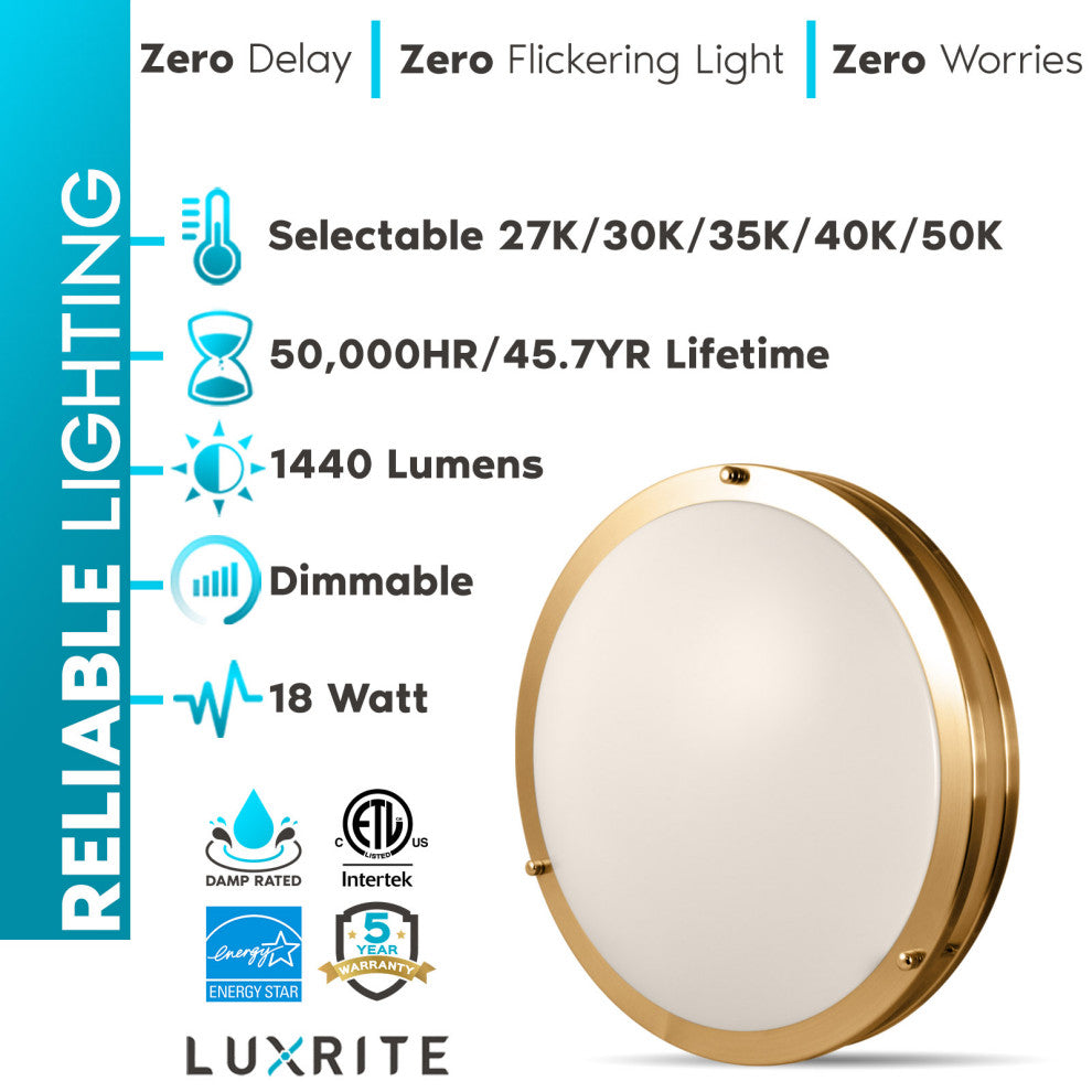 Luxrite 14" LED Flush Mount Light 5 Color Options 18W 1440lm Brass