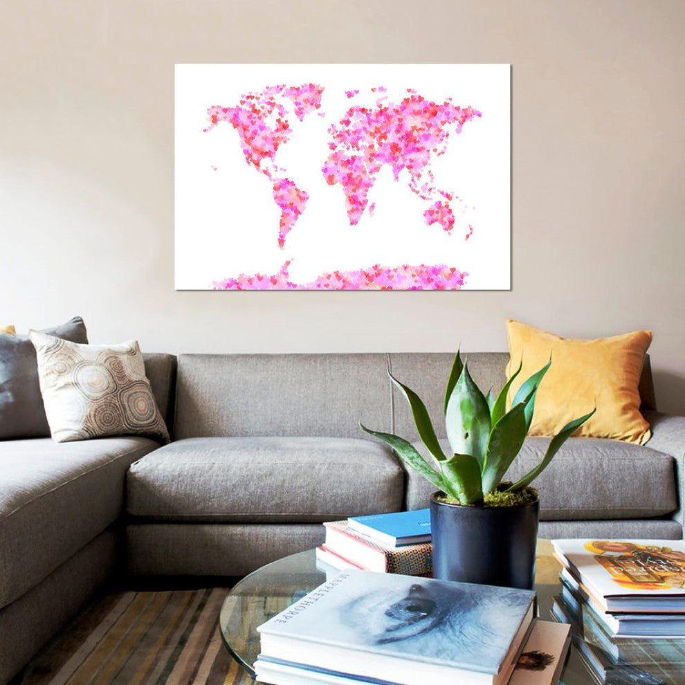 "Love Hearts Map of the World" by Michael Tompsett, Canvas Print, 40x26"
