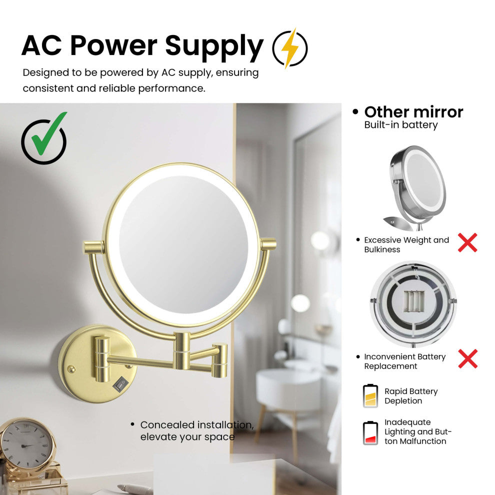 Circular LED Wall Mount Magnifying Make Up Mirror, Brushed Gold