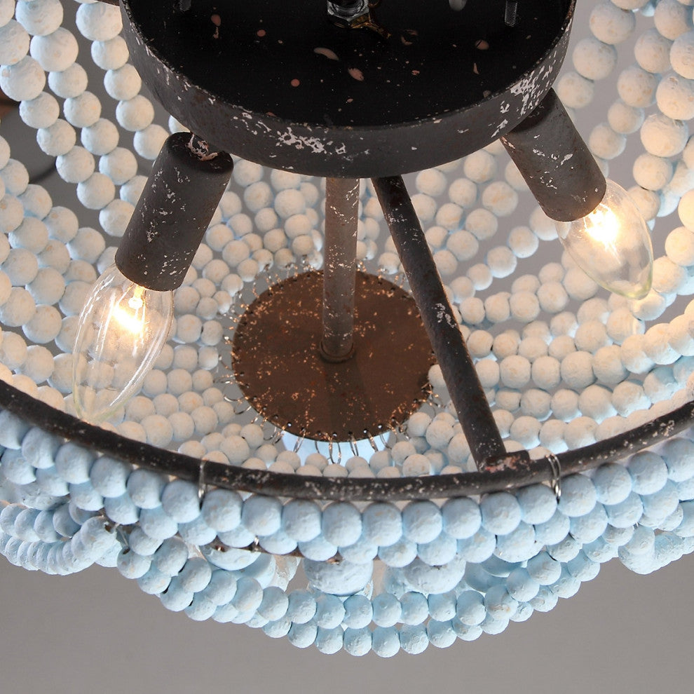 Kesarre Boho Wood Bead 3-Light Dome Shaped Flush Mount Ceiling Light, Blue