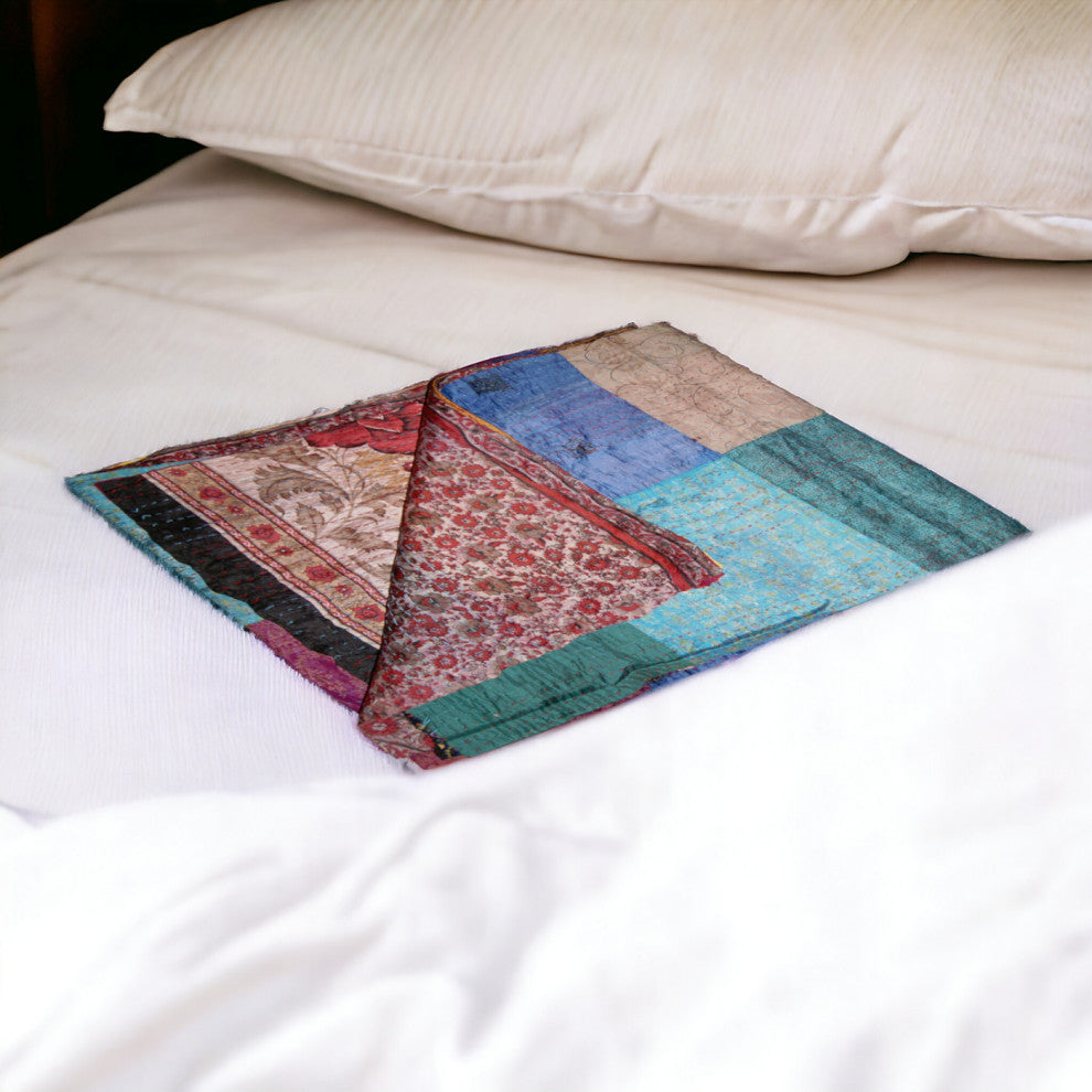 60" X 90" Blue Brown and Green Kantha Cotton Patchwork Throw with Embroidery