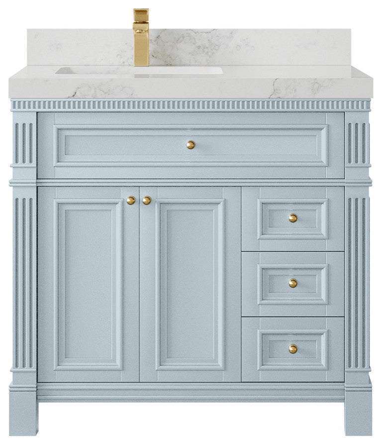 Paris 36" Left Offset Bathroom Vanity, Blue Heather 2" Calacatta Nuvo