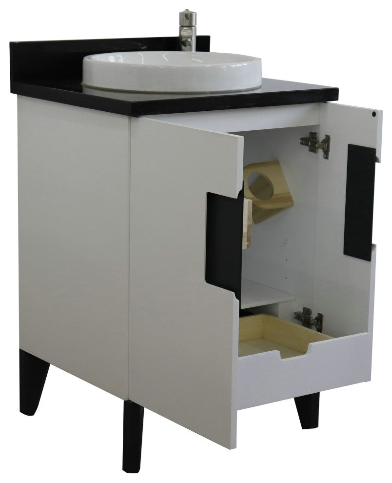 25" Single Sink Vanity, White Finish With Black Galaxy Granite And Round Sink