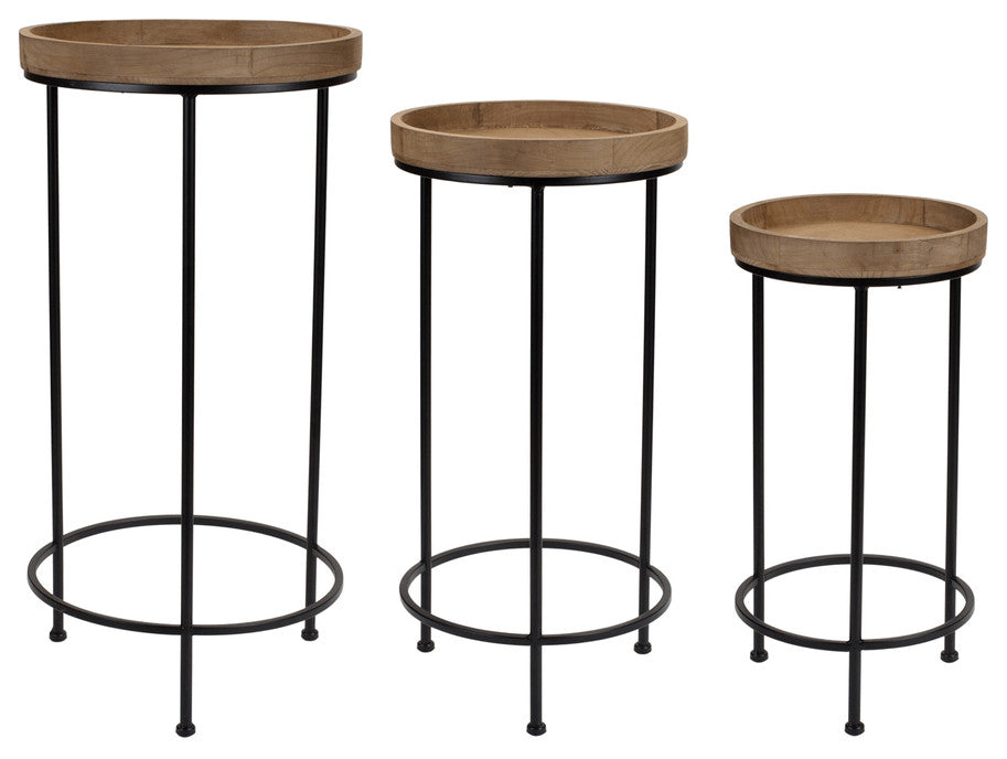 Set of Three 14" Black And Brown Solid Wood Round End Tables