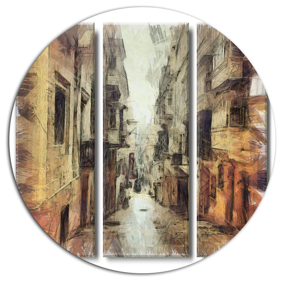 Path In Street Watercolor Stretch, Cityscape Disc Metal Wall Art, 11"