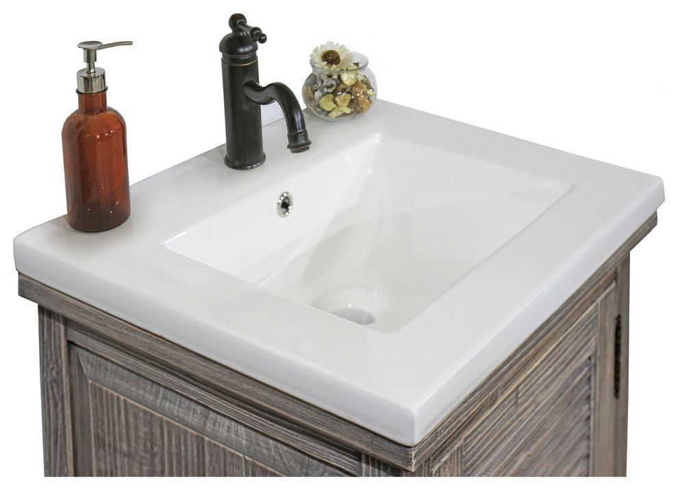 24" Rustic Solid Fir Vanity With Ceramic Single Sink, Gray, No Faucet