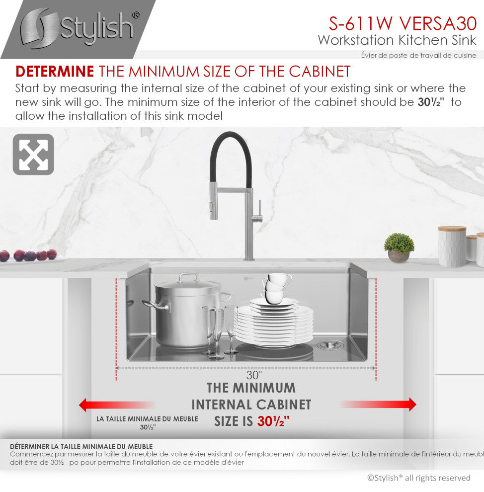 STYLISH 30"L x 19"W Stainless Steel Single Basin Undermount Kitchen Sink