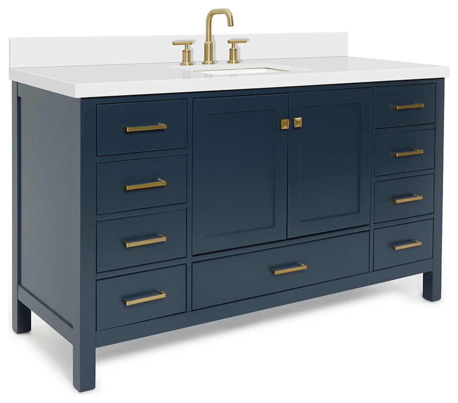ARIEL Cambridge 61" Single Rectangle Sink Blue Vanity Quartz Top, No Mirror