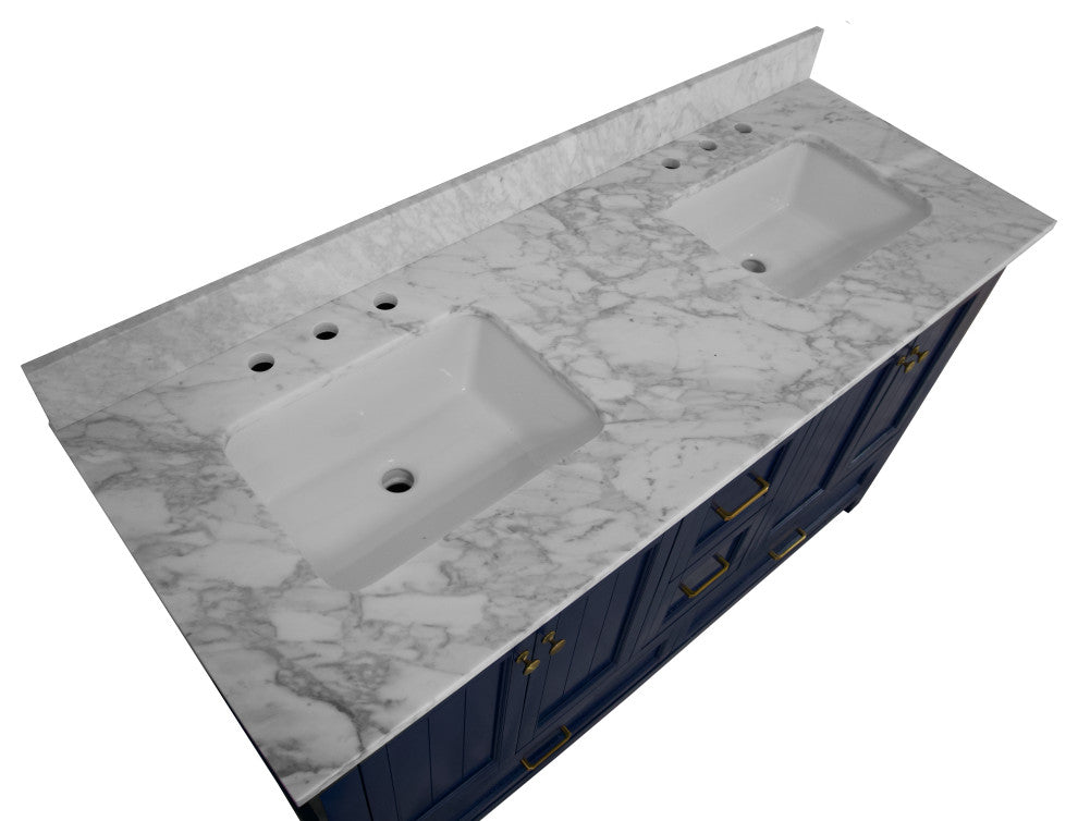 Paige 60" Bathroom Vanity, Royal Blue, Carrara Marble, Double Sink