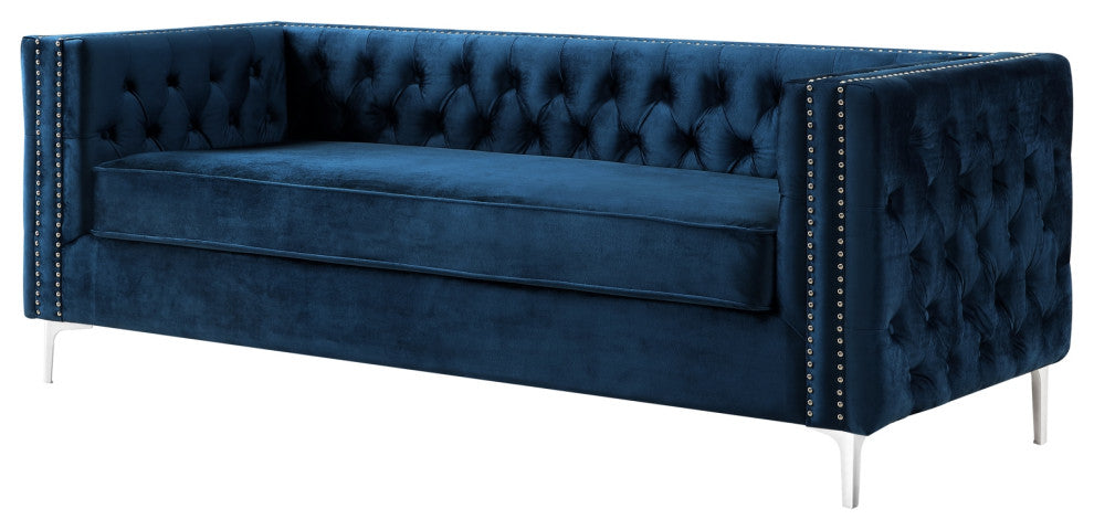 Jeannie Velvet 3-Seat Sofa Button Tufted With Metal Legs, Navy
