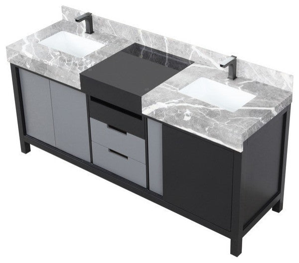 Zilara 72" Black and Grey Double Vanity, Balzani Gun Metal Faucet Set