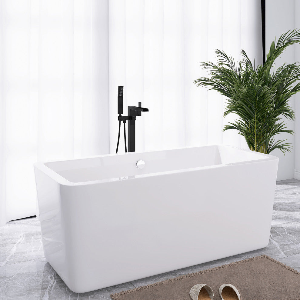 67 in. Acrylic Rectangular Flatbottom Freestanding Soaking Bathtub in White
