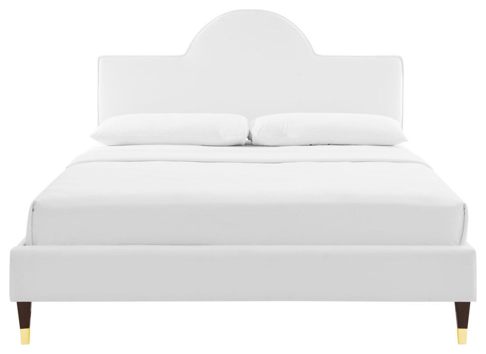 Platform Bed Frame, King Size, White, Velvet, Modern, Bedroom Guest Suite