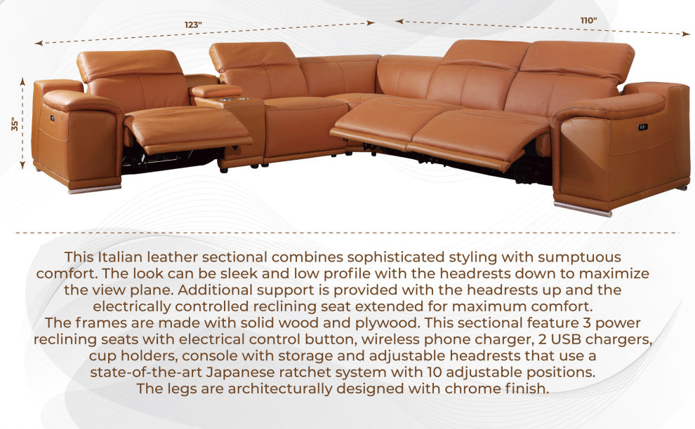 Federico 6-Piece L-Shaped Top Grain Italian Leather Sectional, Cognac