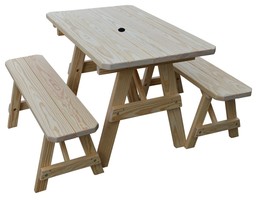 Pressure Treated Pine Picnic Table With 2 Benches, Unfinished, 5 Foot, With Umbrella Hole