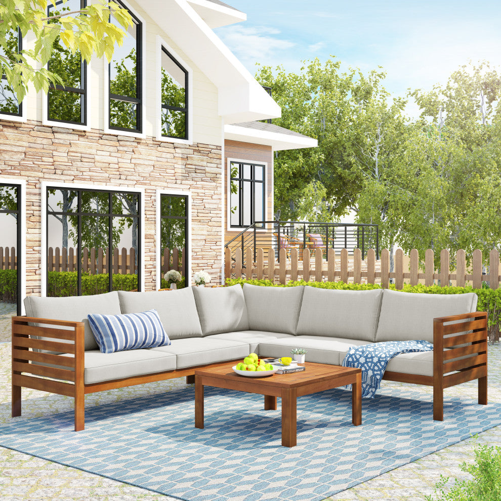 Wood Structure Outdoor Sofa Set with gray Cushions, Beige