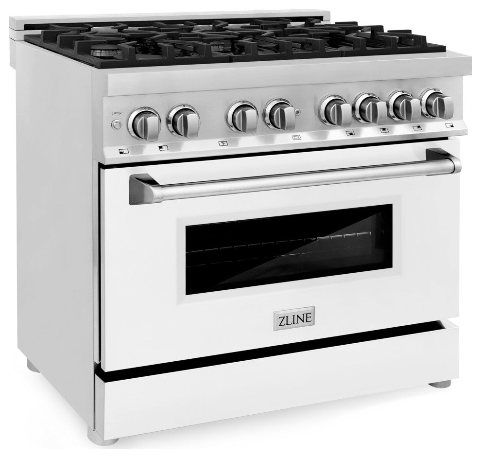 ZLINE 36" Dual Fuel Range With Griddle and White Matte Door, Stainless Steel