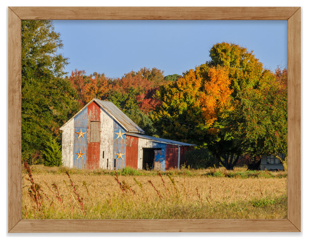 Patriotic Barn in Field Rural Landscape Framed Photo Paper Wall Art Prints, Red Oak, 16" X 20"