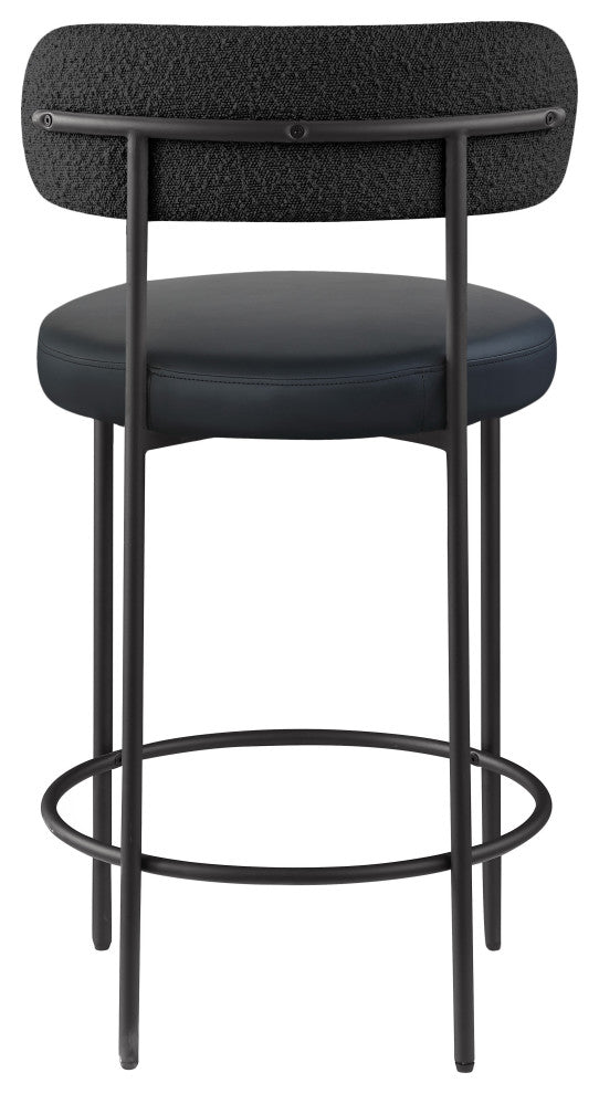 Beacon Upholstered Stool, Set of 2, Black, Matte Black Finish, Vegan Leather and Boucle Fabric
