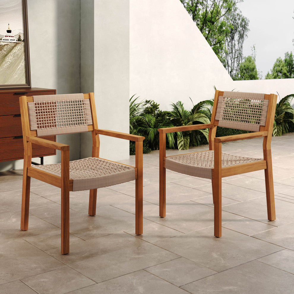 GDF Studio Outdoor Dining Chair With Ropes, Set of 2, Teak Finish/Brown Rope
