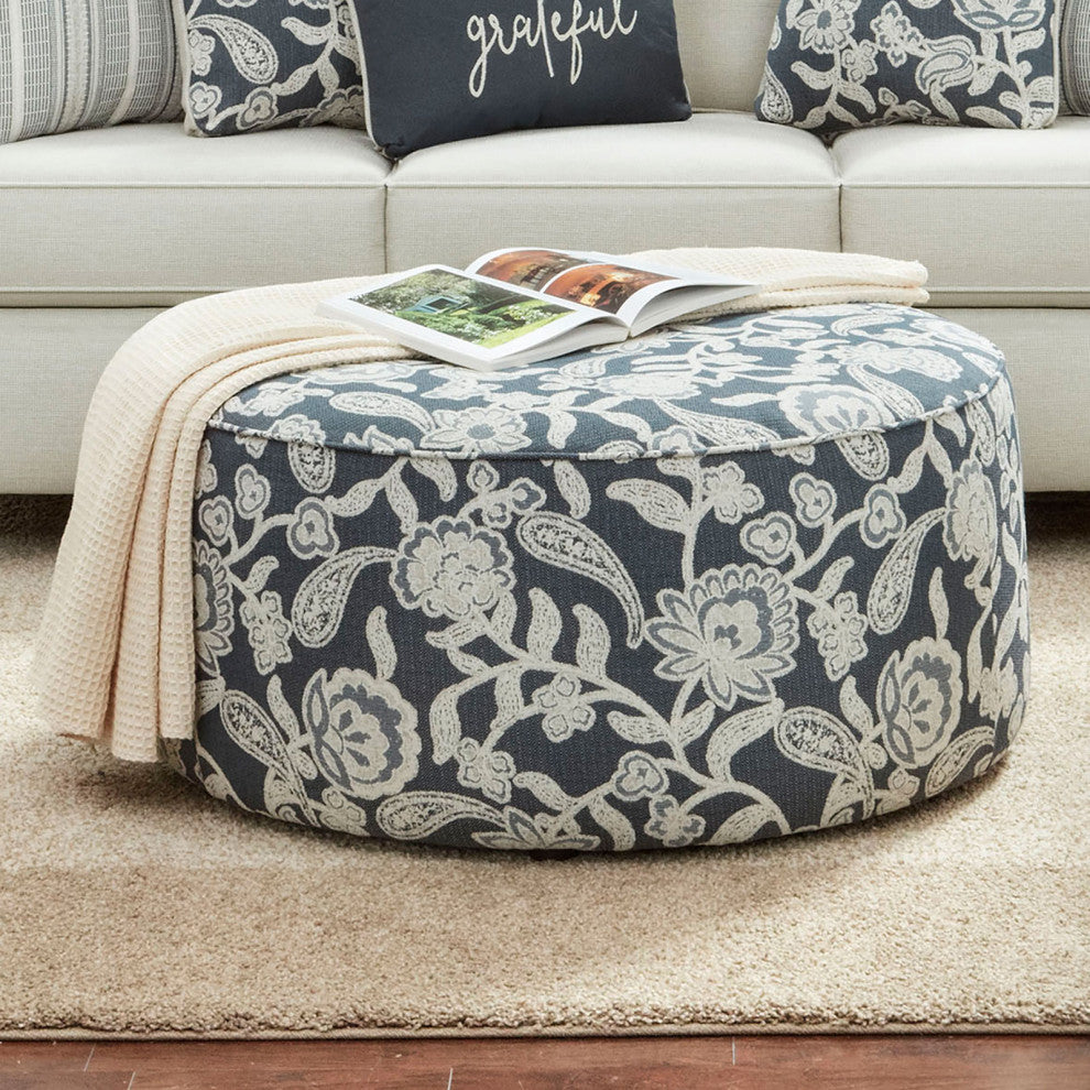 Chenille Upholstered Round Ottoman, Floral Multi